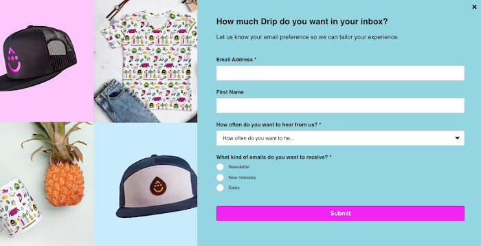 A subscription management form built in Drip's legacy forms