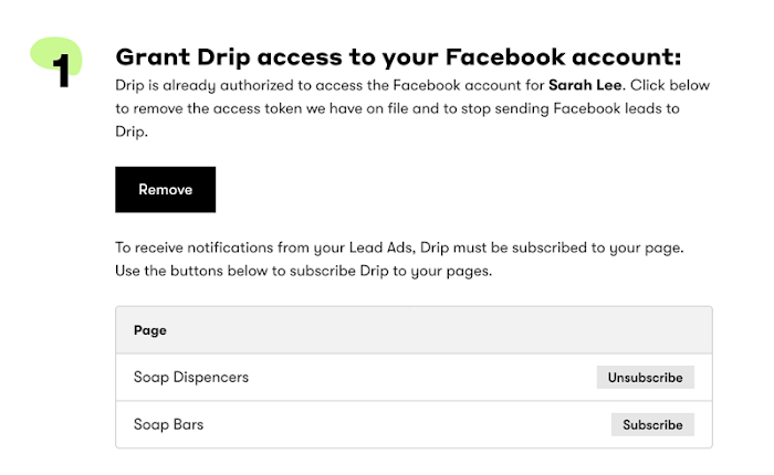Facebook Lead Ads integration page showing your list of Facebook pages to subscribe to when you Connect your Facebook Lead Ads to Drip