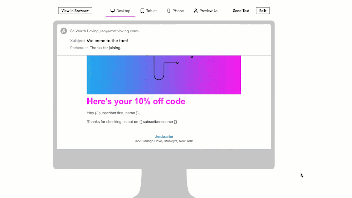A GIF showing a person previewing an email with liquid code that pulls from a custom field from a person's profile