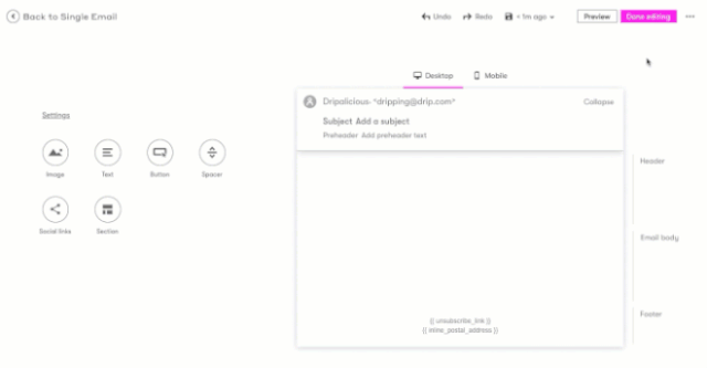 A GIF showing a person clicking the three-dot menu's Change template in the visual email builder to change the template of the email