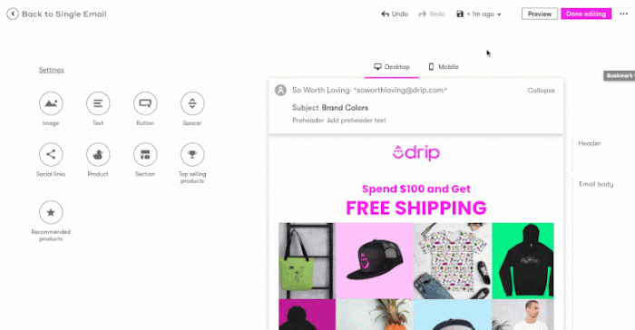 A GIF showing a person clicking the three-dot menu's Save to My templates in the visual email builder to save a template