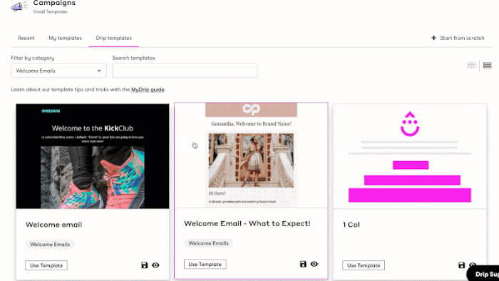 A GIF showing a person clicking Use template to create a new email in Email templates