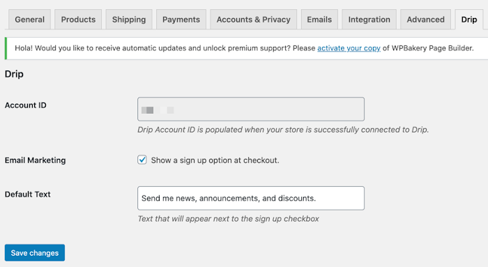 Settings for Email marketing in the Drip for WooCommerce plugin