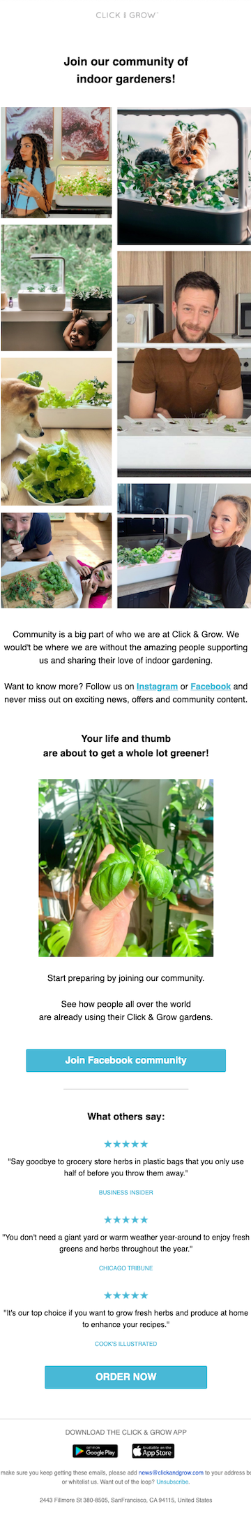 A welcome user-generated content email example from Click and Grow's UGC with images of their customers holding their product to generate engagement