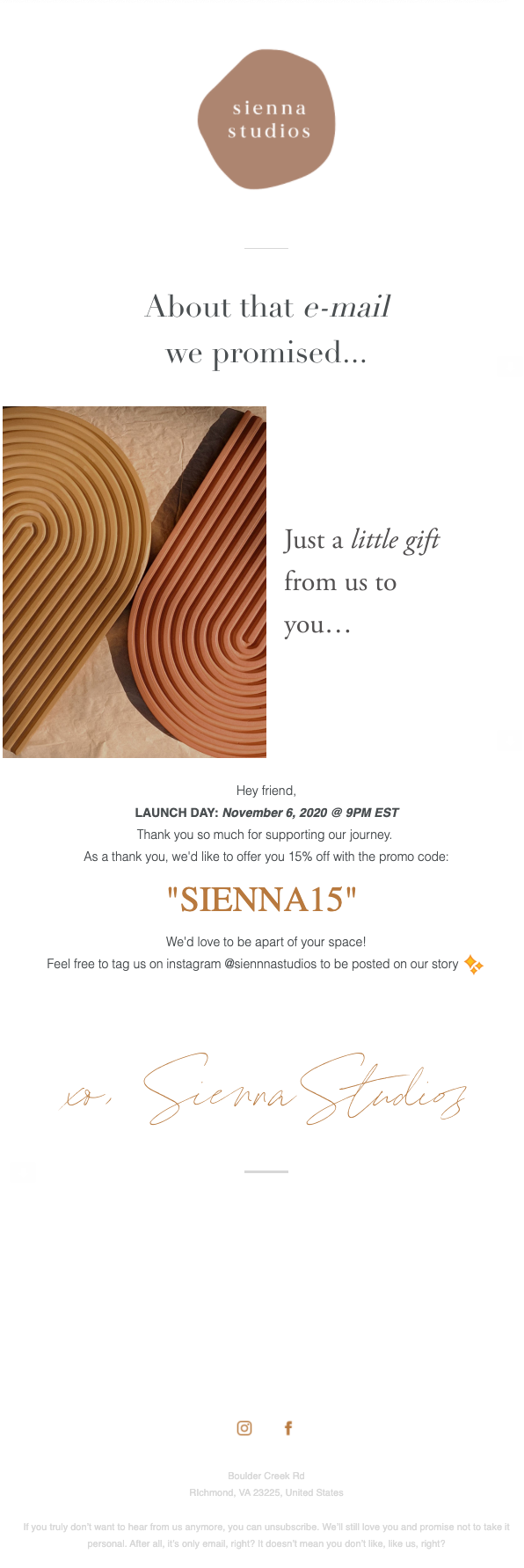 A welcome email example from Sienna with a discount offer to welcome new subscribers