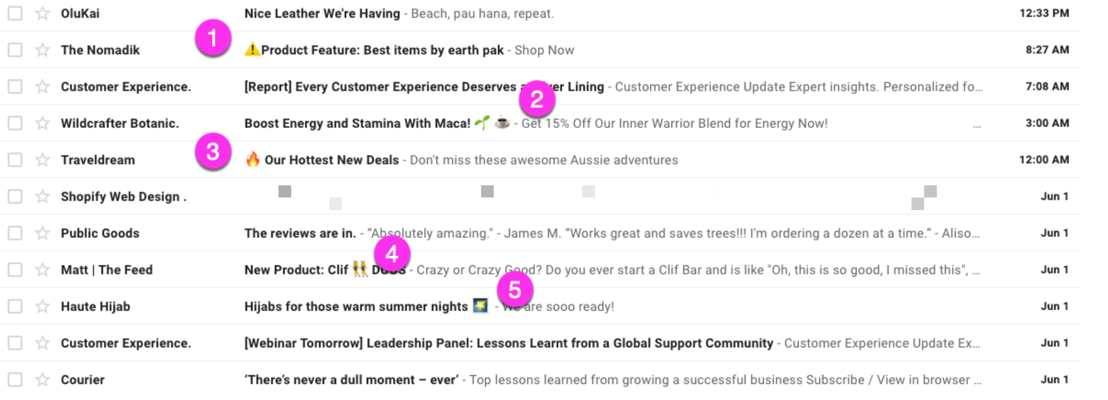 An email page showing a list of subject lines with emojis in the subject line
