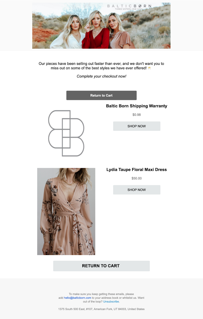 An email example of Baltic borns' abandoned cart email with a message that items could sell out soon to promote urgency in their follow up