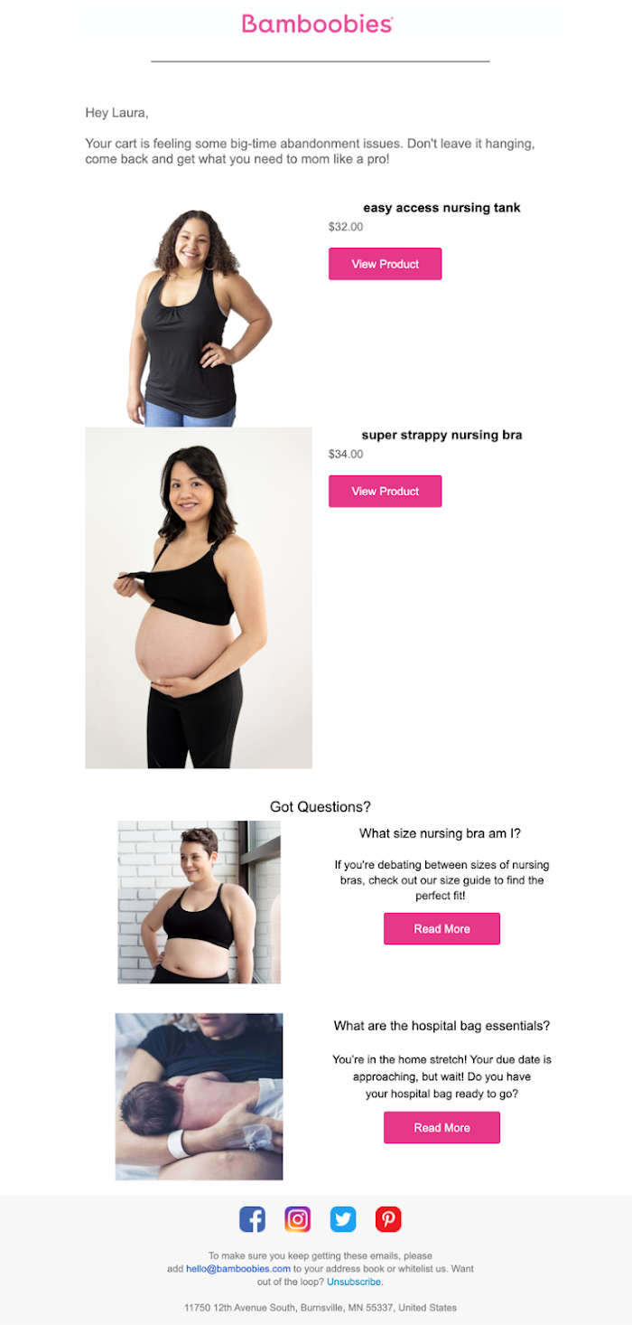 An email example of Bamboobies's abandon cart email with a Q&A section under the abandon cart products