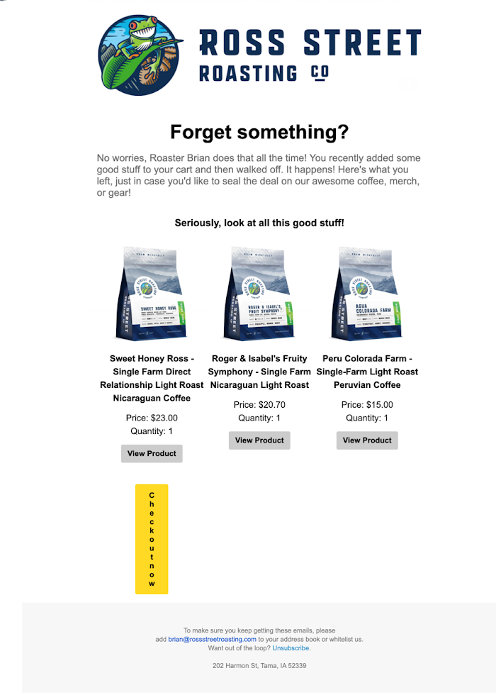 An email example of Ross Street's abandoned cart email with products font, center, and with clear branding