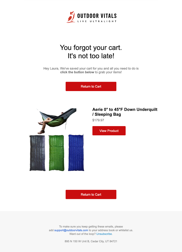 An email example of Outdoor Vitals's abandoned cart email with a simple subject line asking if they forgot something in their cart