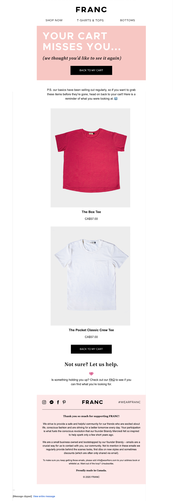 An email example of Franc's abandoned cart email with a reminder message  about popular items could sell out soon with a CTA button back to the cart