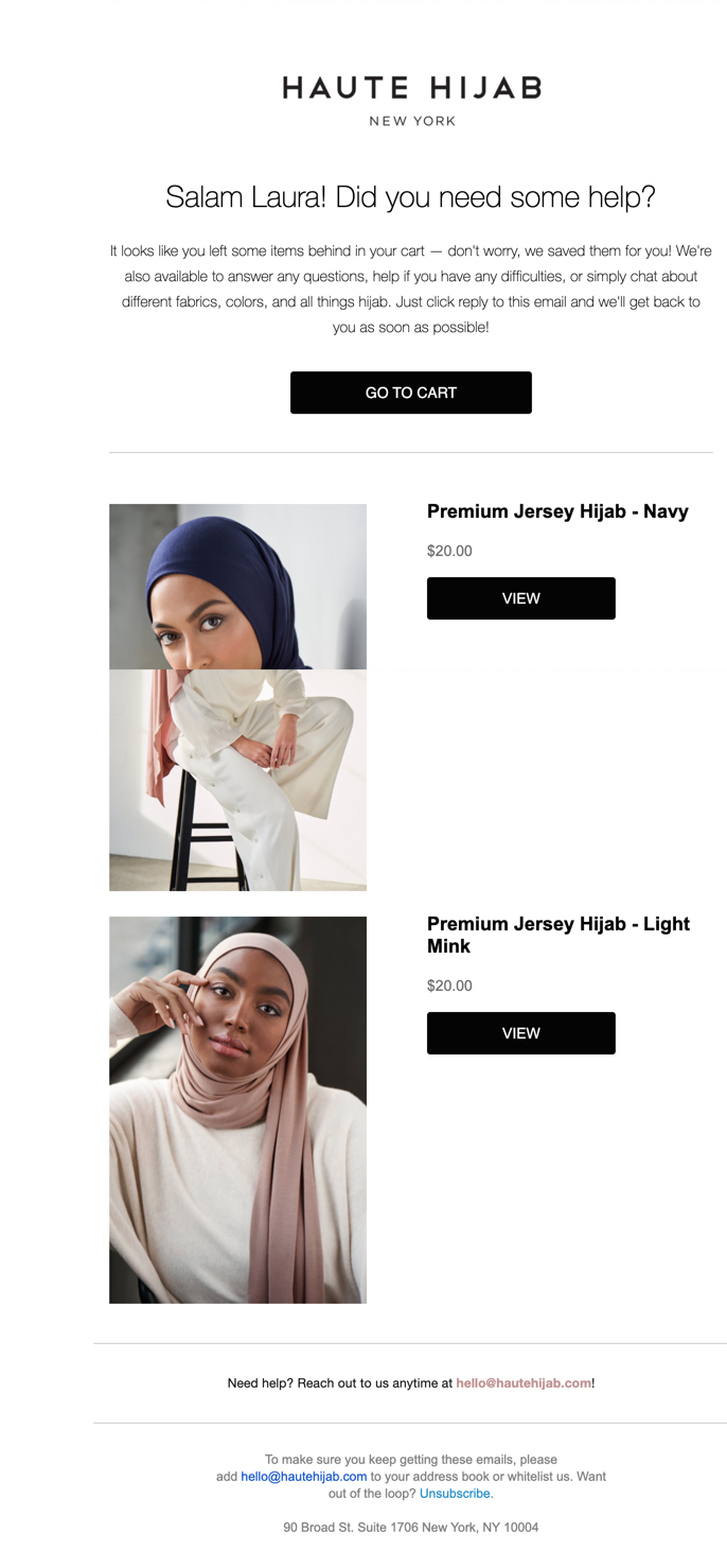 An email example of Haute Hijab's abandon cart email with products front and center which includes large call-to-actions button