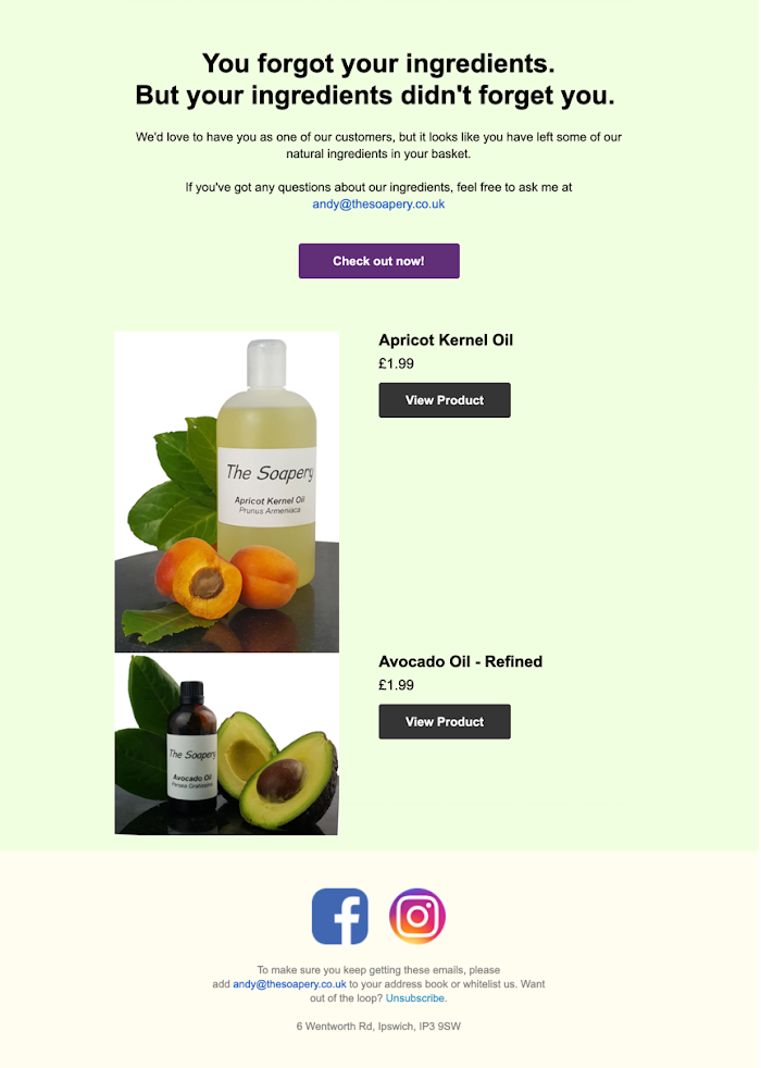 An email example of TheSoapary's abandoned cart email with a playful subject line, preheader, and catchy copy to get the customer's attention to return to cart
