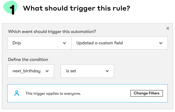 A Rule trigger for when a custom field is updated with a defined condition of next_birthday is set
