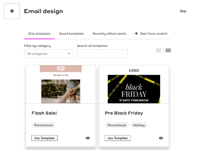 Template selection found in a Single Email campaign's Design step