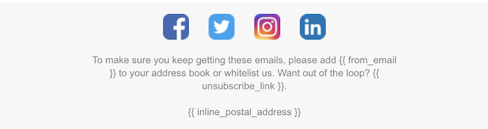 Social media icons found in the footer section in the visual email builder