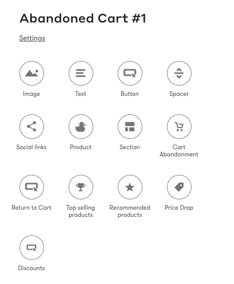  An example of content blocks available in an abandoned cart workflow email.