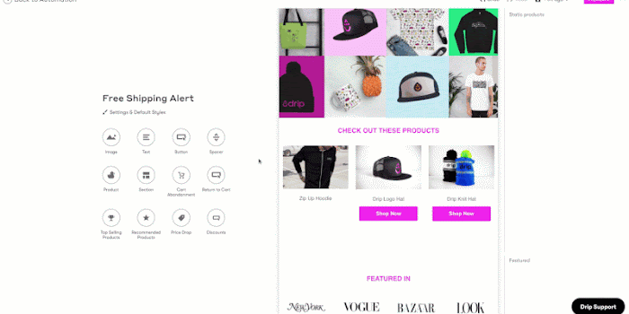  A GIF showing a person adding a Discount button in a Visual email builder.