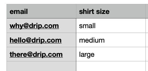 CSV showing the header email and shirt_size with small, medium, and large on each row