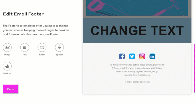 image showing where to add your subscription management form link in the visual email builder footer section