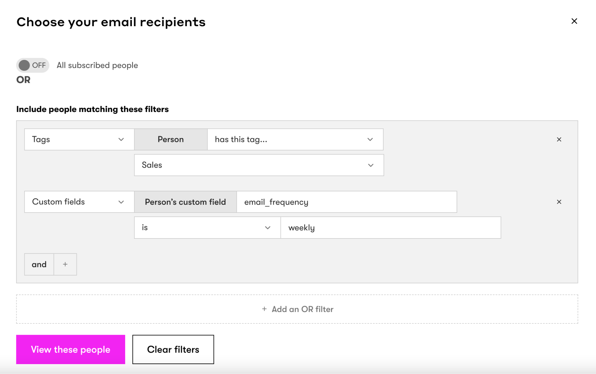 image showing how to segment the chooses for subscription management form and tags