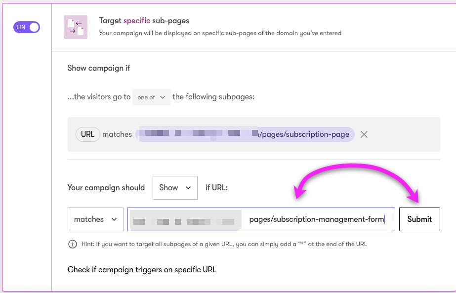 image showing how to add the url to a target specific sub-page
