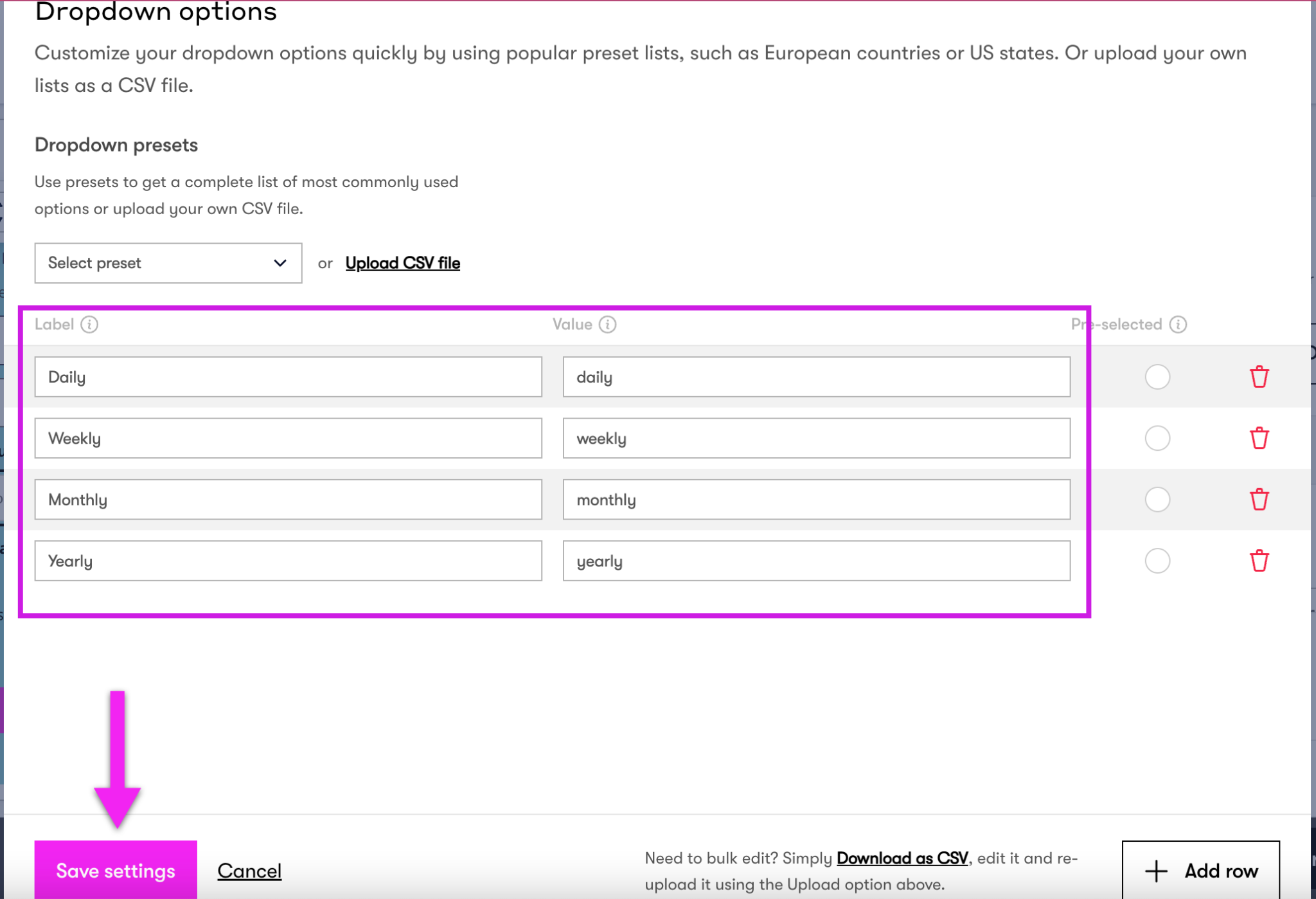 image showing how to set the dropdown options