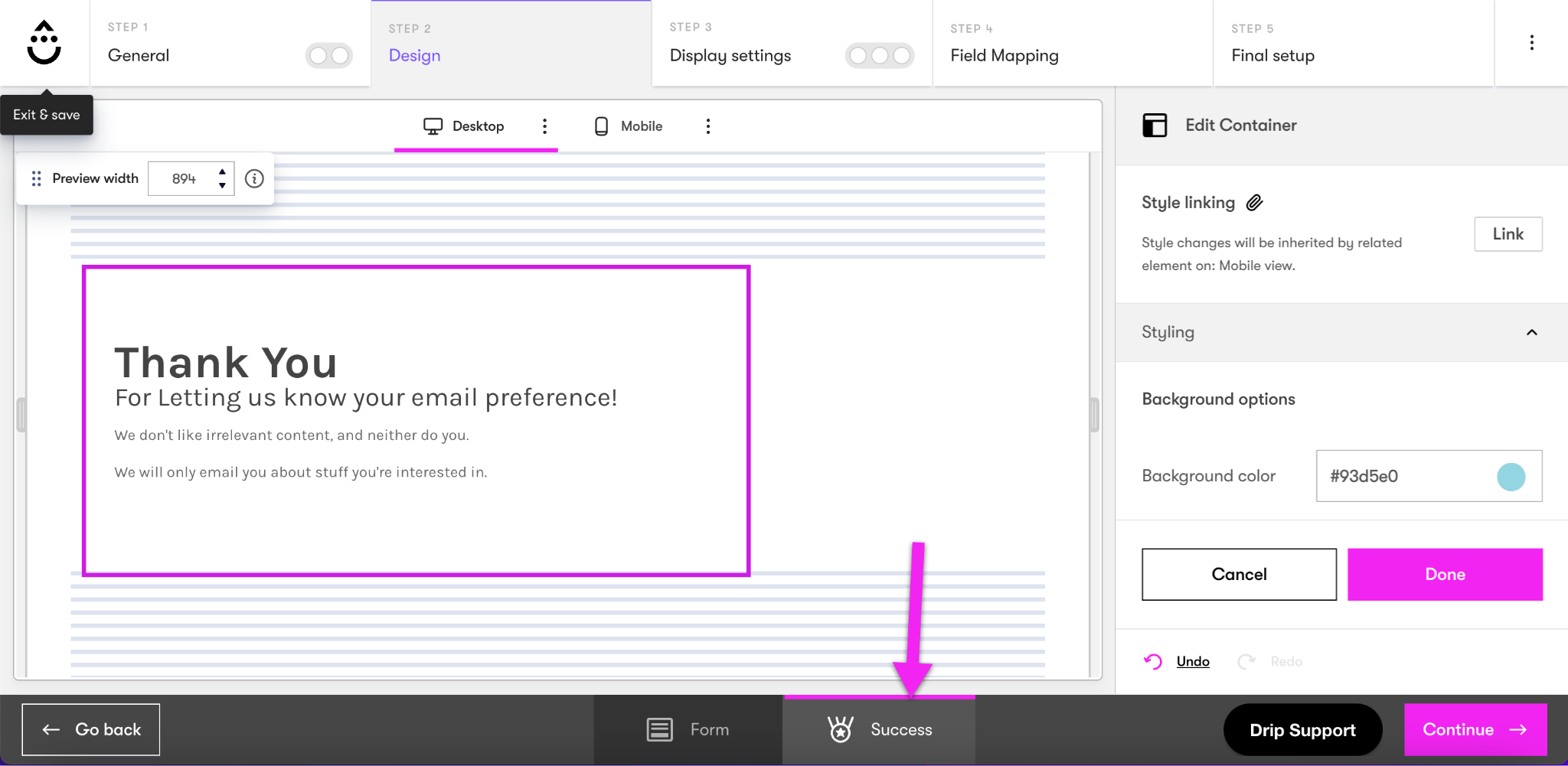 image showing where to find the success step at the bottom of the screen
