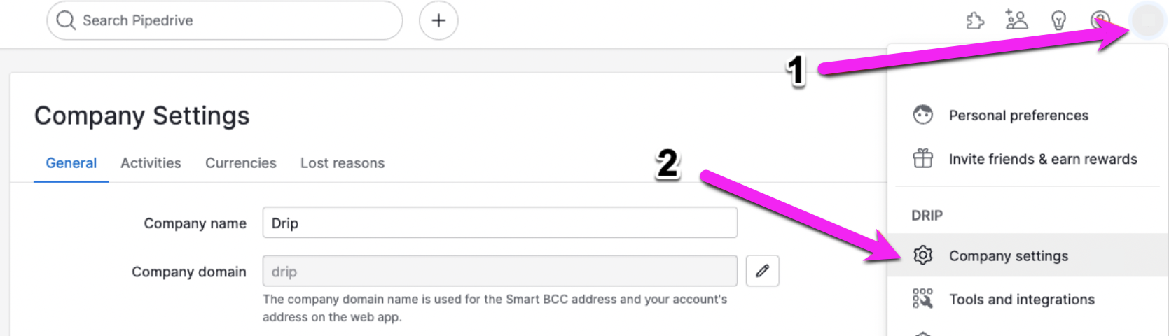 Company settings page found under profile icon - Company settins in Pipeline