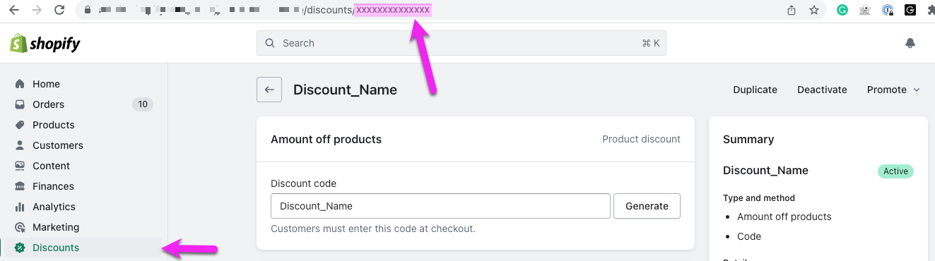 Copy the discount code ID from the URL of the Shopify Discount settings page .png