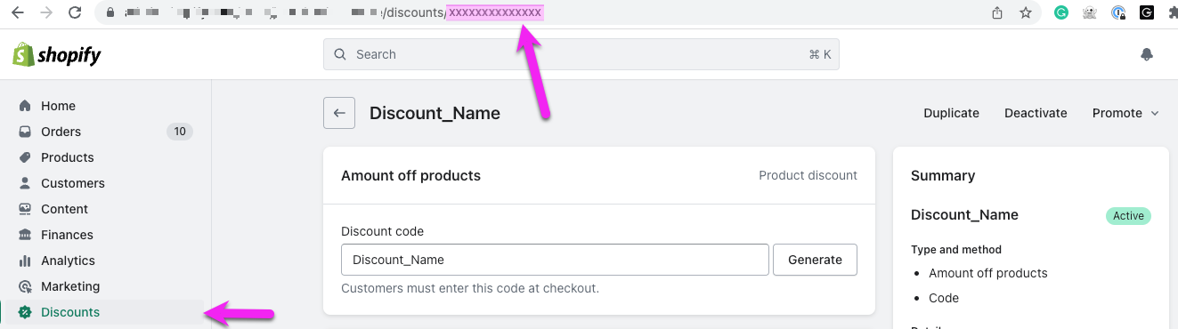  An example of the Shopify discount page showing the Discount code in the URL.
