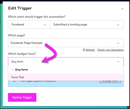 Edit Facebook Submitted a landing page Trigger to select Leadgen form in a Workflow or Rule Automation