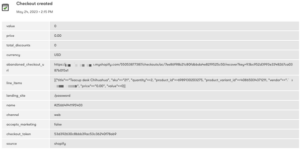 Checkout_created event in a person's profile All activity