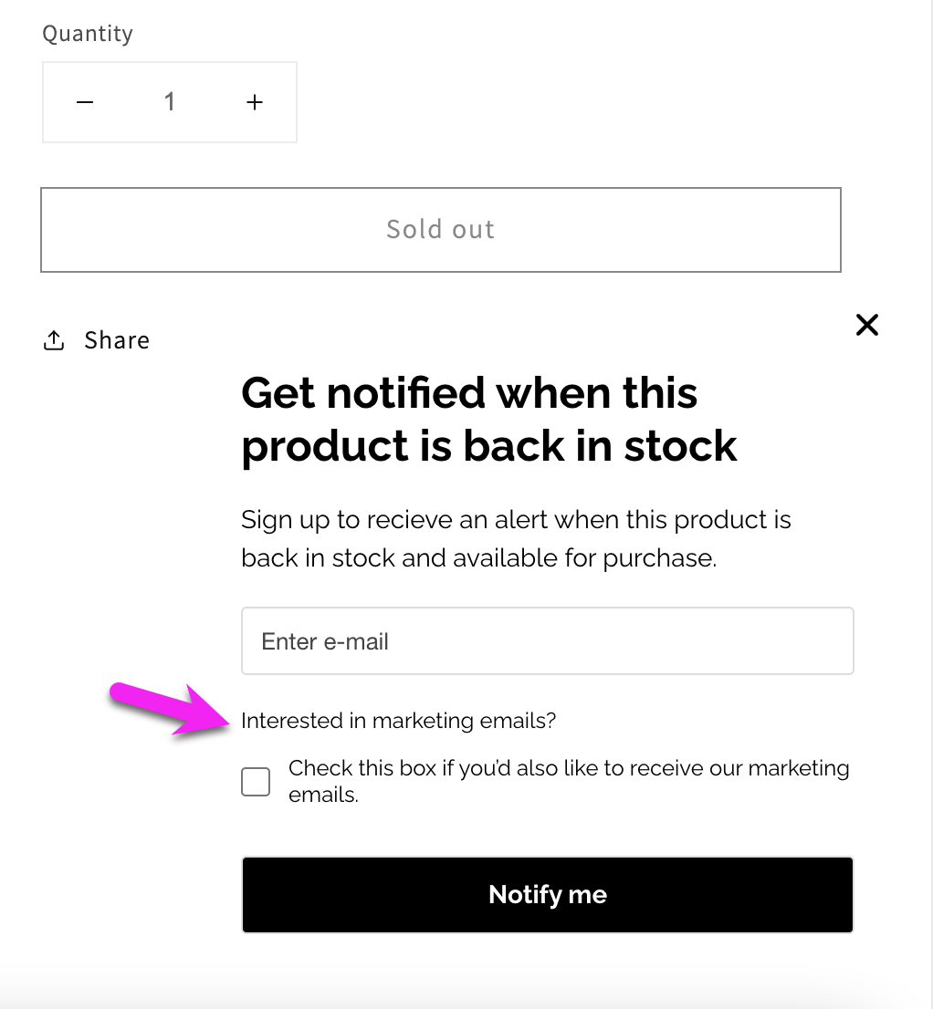 Shopify page to get notified when a product is back in stock form with email input and Opt-in checkbox