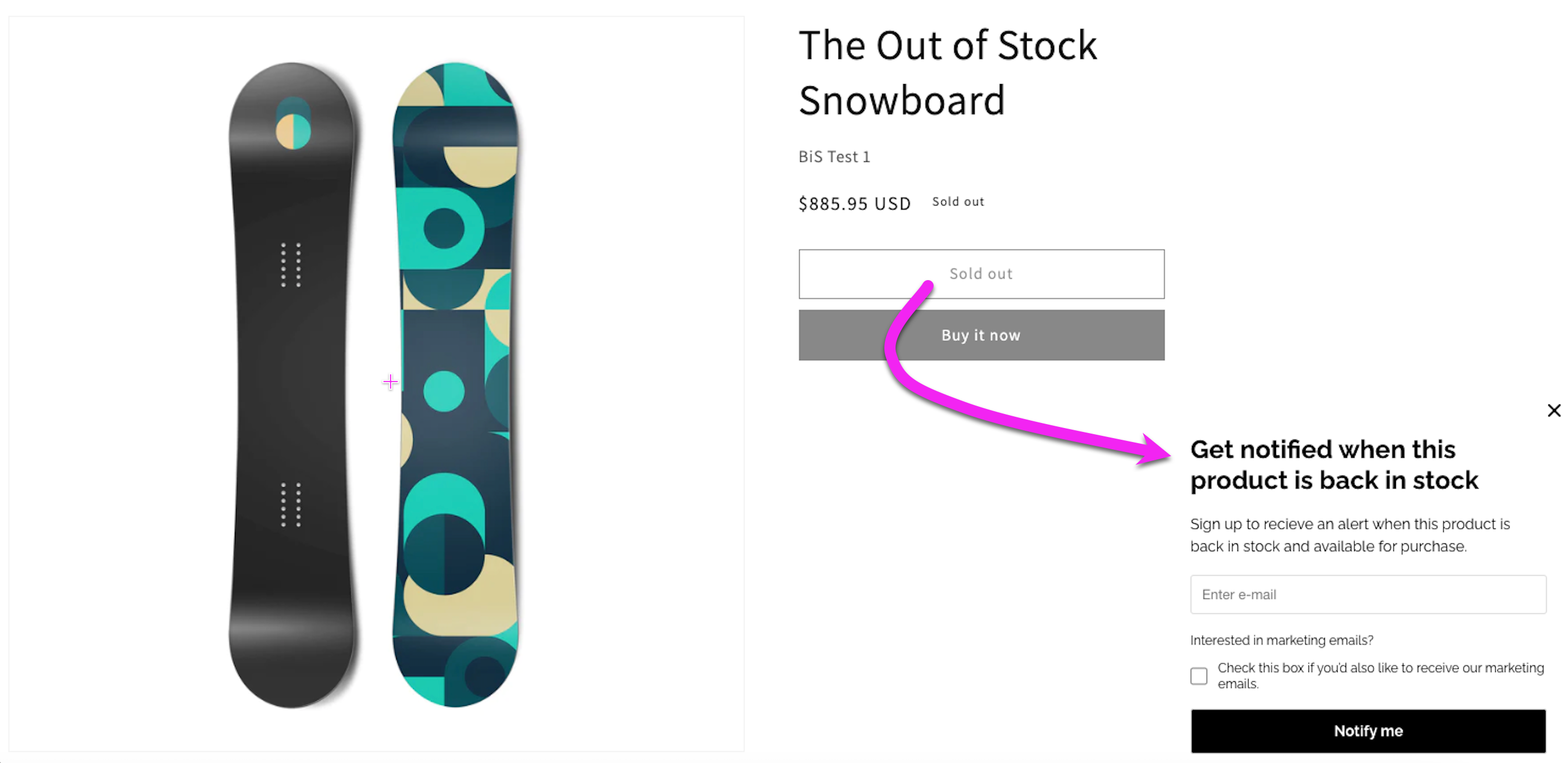 Product landing page that is out of stock with a Get notified form with an email input