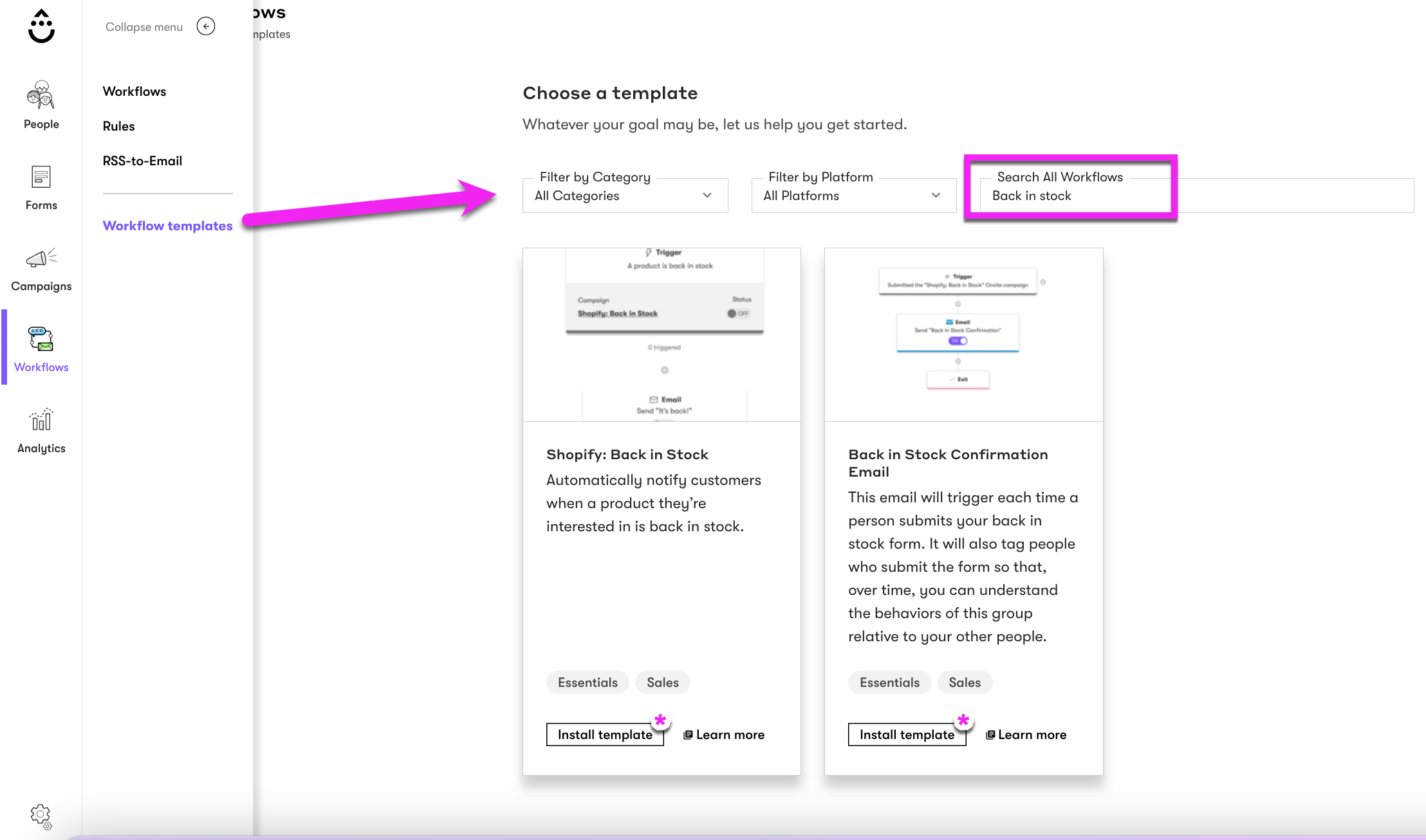 Sidebar menu to get to Workflow Templates to find the Back-in-Stock template in the search bar