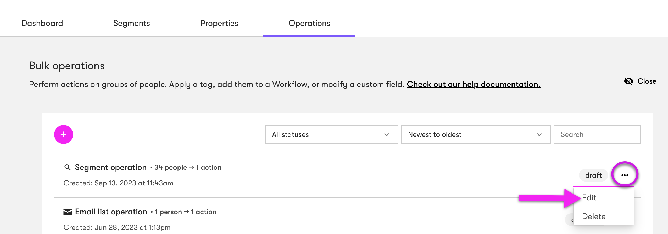 Edit option for a Draft bulk operation found in the three-dot menu in the Bulk Operations page