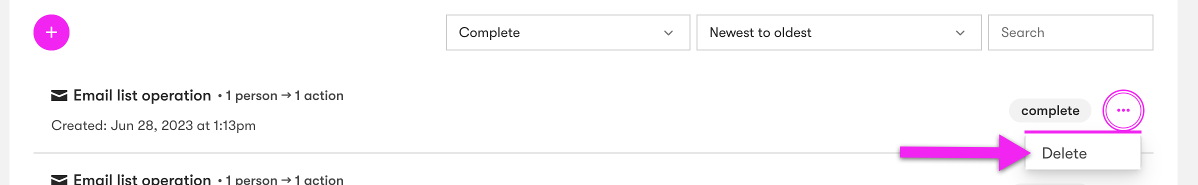 Delete option in the three-dot menu in the Bulk operations page