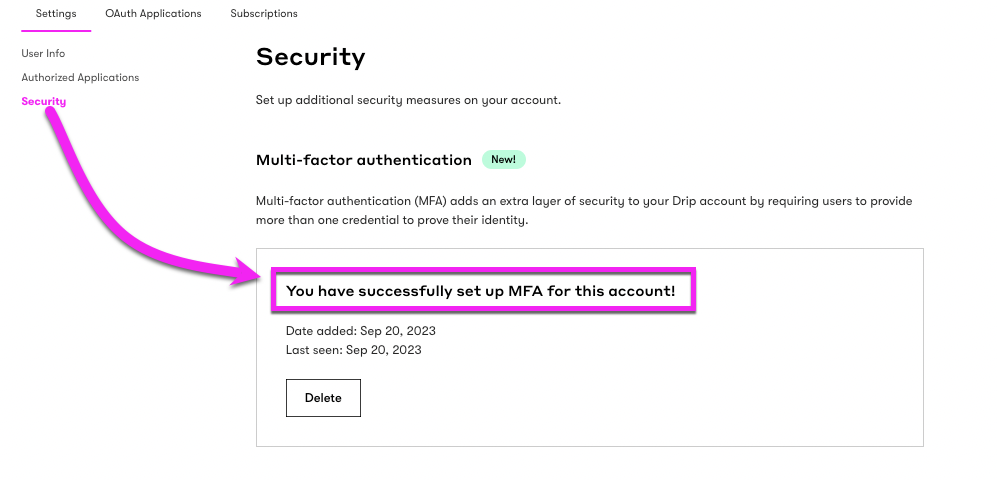 Multi-factor Authentication settings found in the User Setting's Security tab