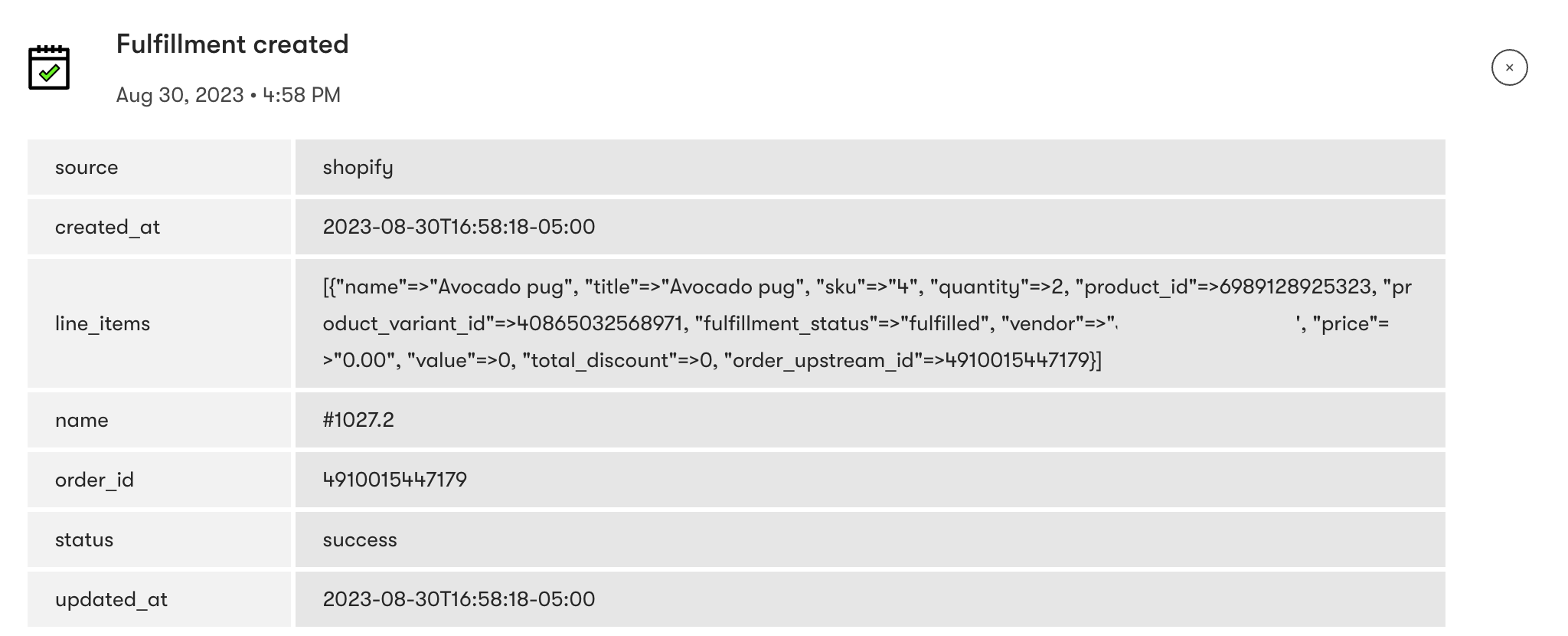 Fulfillment Created Shopify event expanded to show an example of event property and values in a person's profile All Activity tab