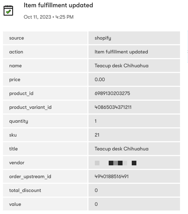 Item fulfillment updated Shopify event expanded to show an example of event property and values in a person's profile All Activity tab
