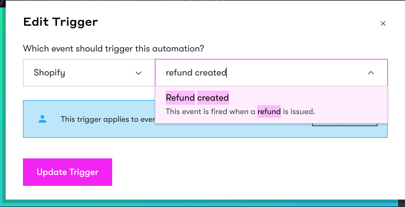 Automation Trigger configured for Shopify event Refund created as the trigger