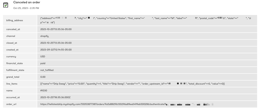 Canceled an order Shopify event expanded to show an example of event property and values in a person's profile All Activity tab.png