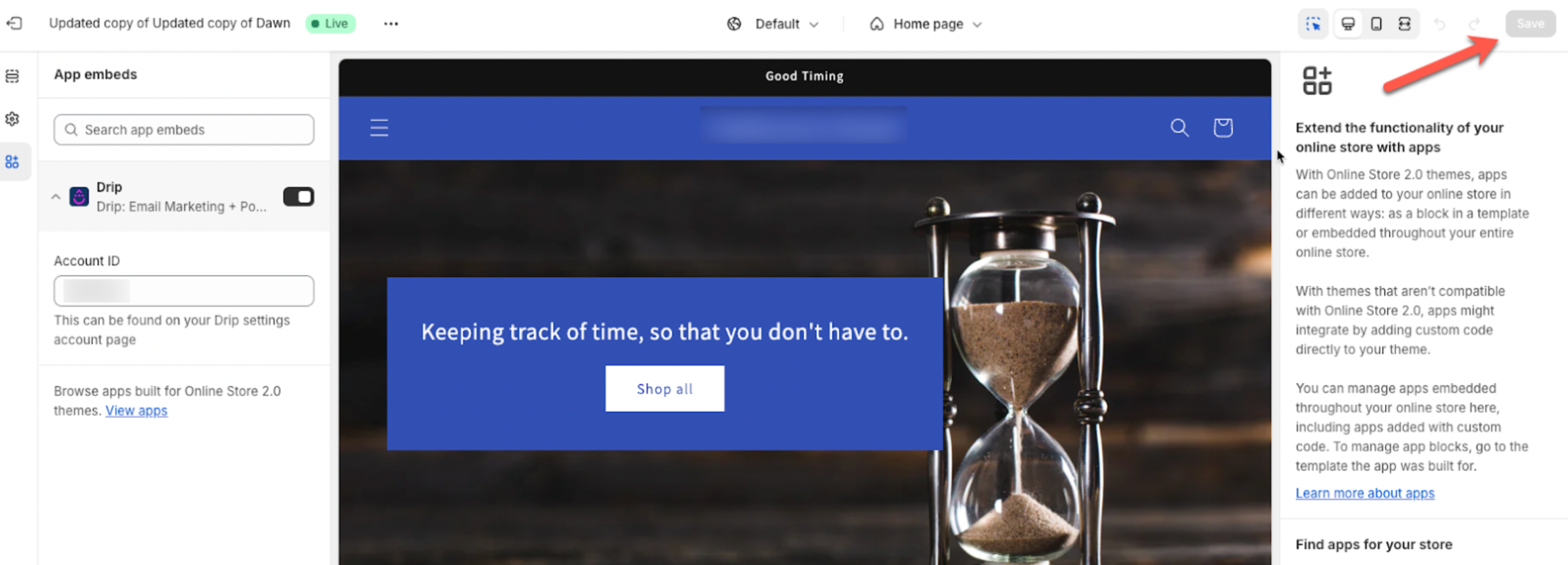  An example image from the Shopify page pointing to the Save button in the top right corner.