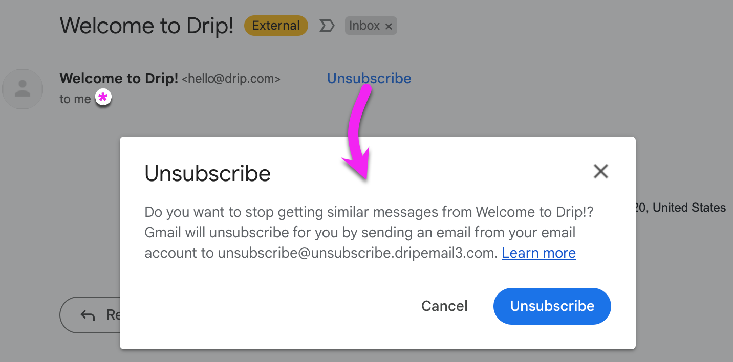 Unsubscribe header pop up notification