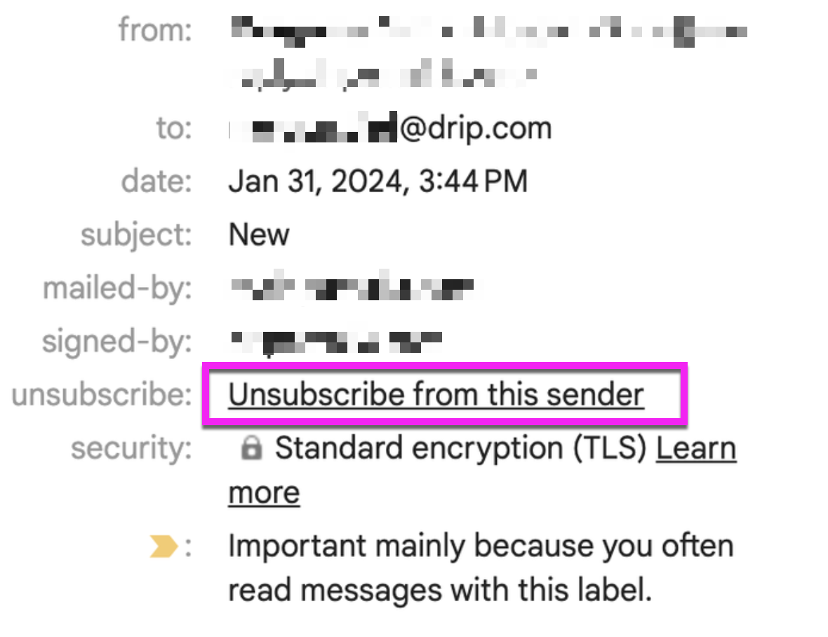 Unsubscribe element in the email details