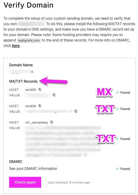 List of MX TXT host and values with option to copy the record to clipboard and green checkmarks indicating successful verification.png