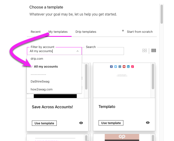 Choose a template modal Under My templates section Filter by Accounts option selects All my accounts option.png