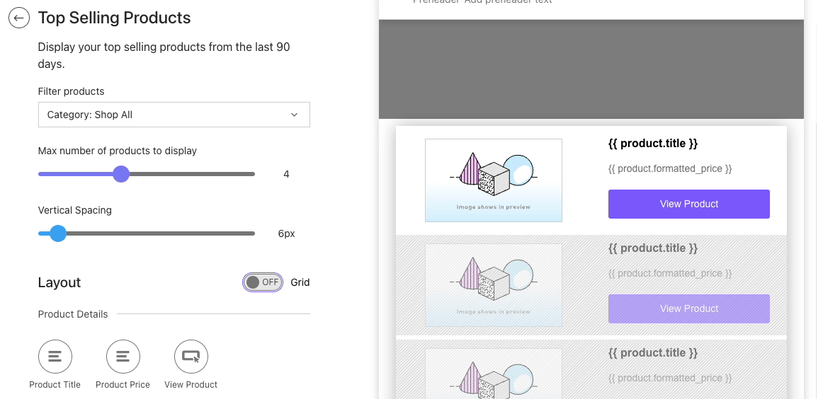 Top Selling Product Block editor with Layout toggle on for Grid and products per row slider from one to four products.