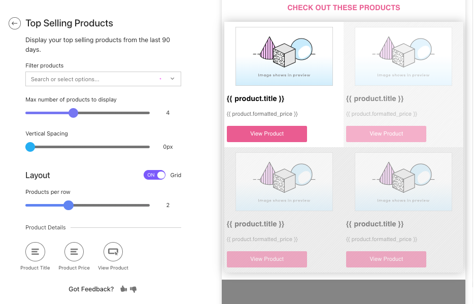 Top Selling Product Block editor with Layout toggle on for Grid and products per row slider to two